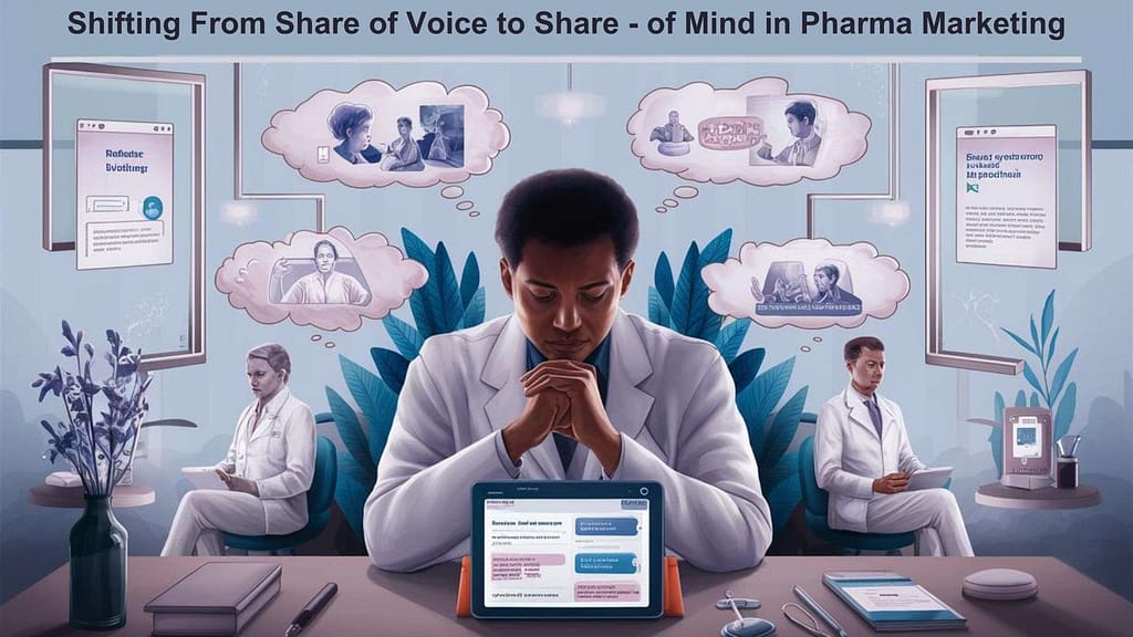 A doctor at a desk with a laptop and tablet, discussing Share of Mind in pharma marketing with HCPs through valuable content and digital tools.