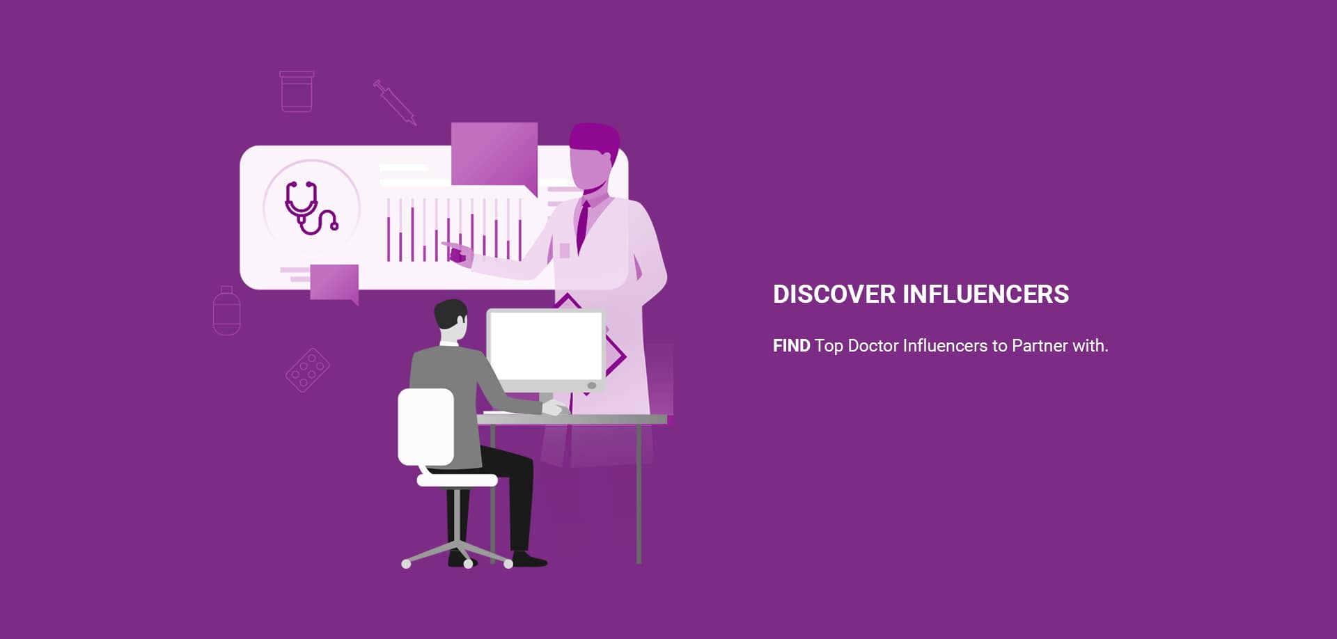 Illustration of two individuals discussing insights from a digital dashboard, highlighting the text "DISCOVER INFLUENCERS"