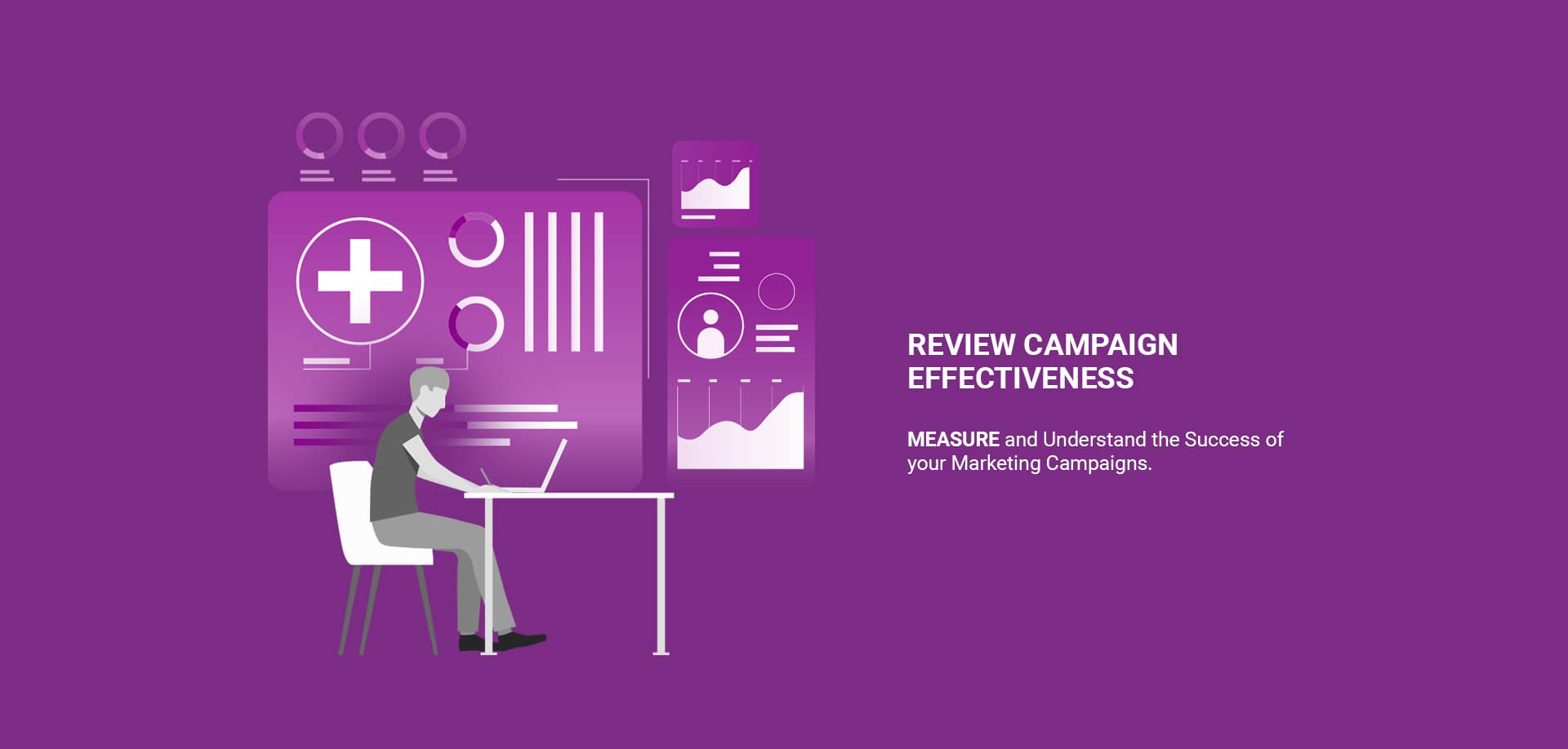 Illustration of a person at a desk reviewing charts and data on a board, highlighting the text "REVIEW CAMPAIGN EFFECTIVENESS"