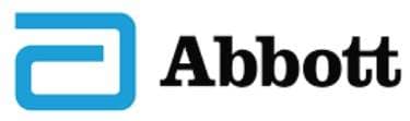 Logo of Abbott with a blue interlocking design and bold black lettering against a green background.